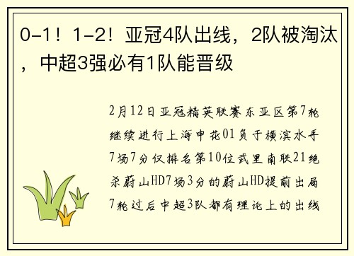 0-1！1-2！亚冠4队出线，2队被淘汰，中超3强必有1队能晋级