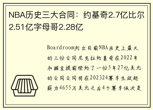 NBA历史三大合同：约基奇2.7亿比尔2.51亿字母哥2.28亿