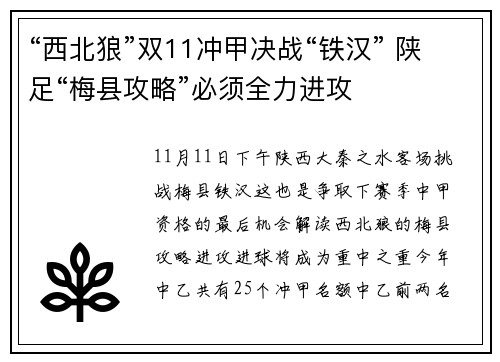 “西北狼”双11冲甲决战“铁汉” 陕足“梅县攻略”必须全力进攻