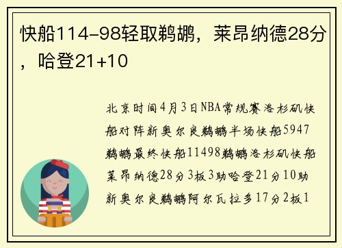快船114-98轻取鹈鹕，莱昂纳德28分，哈登21+10