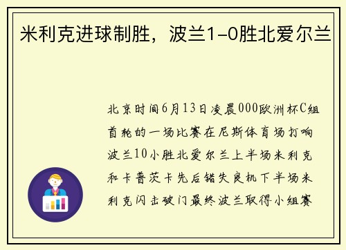 米利克进球制胜，波兰1-0胜北爱尔兰